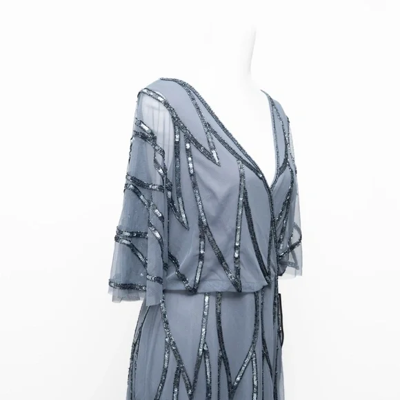 Adrianna Papell‎ - Beaded Mesh Flutter-Sleeve Dress - Picture 12 of 12